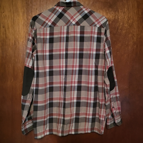 Gently Loved Wrangler ATG Mens  Small Brown-Tan-Red Flannel Button-Dwn Elbow Pad - Picture 4 of 7